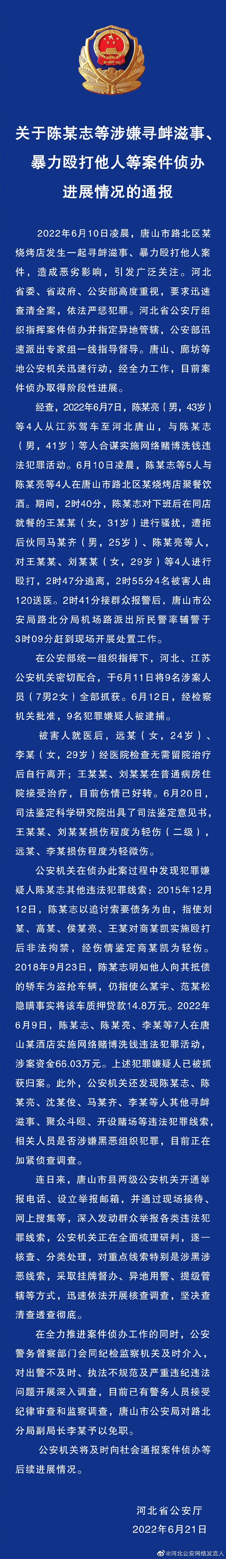 關于陳某志等涉嫌尋釁滋事、暴力毆打他人等案件偵辦進展情況的通報