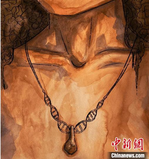 墜飾藝術(shù)再現(xiàn)圖，圖中吊墜繩為DNA螺旋樣式(圖片作者M(jìn)yrthe Lucas)?！∈┢樟指瘛ぷ匀?供圖