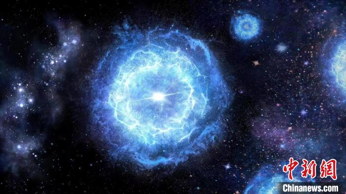 第一代超大質(zhì)量恒星演化成為“對不穩(wěn)定超新星”的藝術(shù)展示圖?！≈锌圃簢姨煳呐_ 供圖