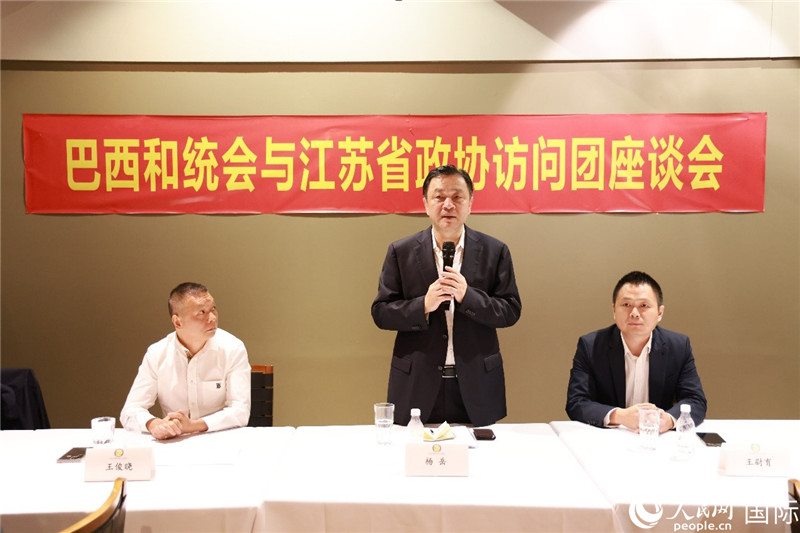 江蘇省政協(xié)副主席楊岳（中）在座談會上致辭。人民網(wǎng)記者 陳海琪攝