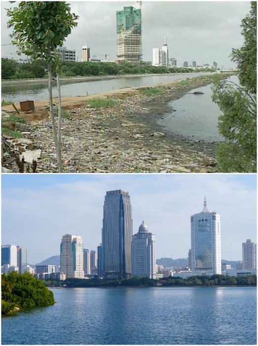 上圖：筼筜湖治理前資料圖。下圖：筼筜湖如今的美麗風(fēng)光。人民網(wǎng)記者 吳超嵐攝
