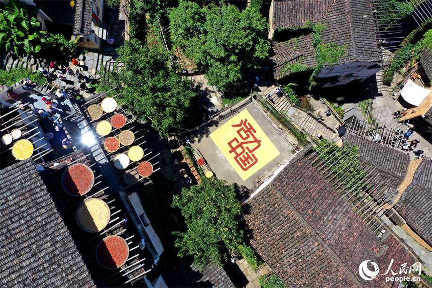 篁嶺曬秋大媽用農(nóng)作物曬出“活力中國”。人民網(wǎng)記者 時(shí)雨攝