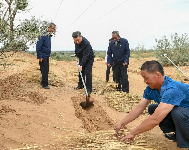 2019年8月21日，習(xí)近平來到甘肅省武威市古浪縣八步沙林場(chǎng)，實(shí)地察看當(dāng)?shù)刂紊吃炝?、生態(tài)保護(hù)等情況。新華社記者 謝環(huán)馳 攝
