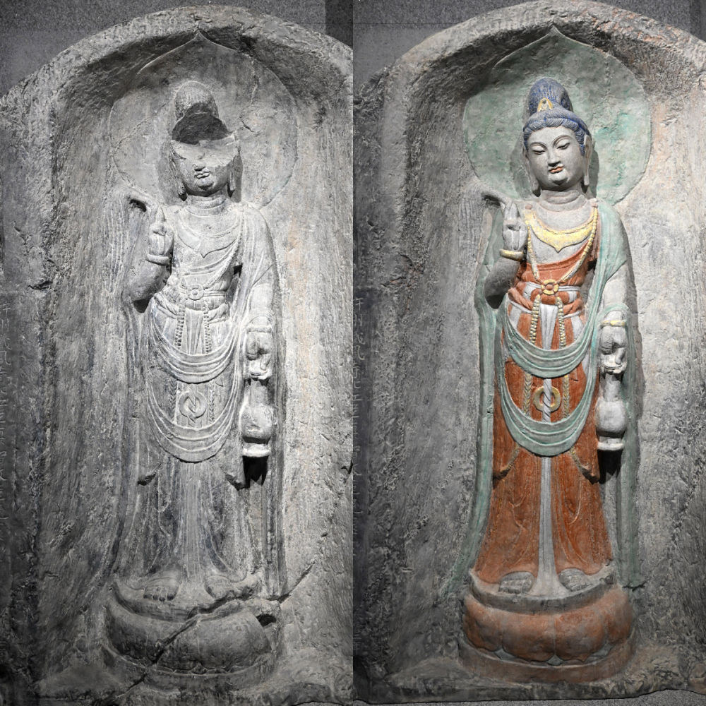 左圖為龍門(mén)石窟萬(wàn)佛洞窟前南壁菩薩造像的3D打印模型；右圖為利用數(shù)字化技術(shù)復(fù)原后的3D打印模型（2025年4月10日攝，拼版照片）。復(fù)原后的像龕精妙絕倫，栩栩如生，被游客譽(yù)為“龍門(mén)最美菩薩”。圖片來(lái)源新華社