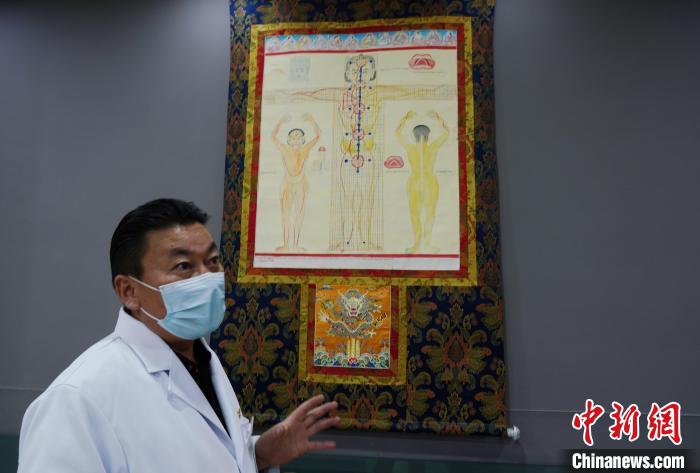 圖為興?？h藏醫(yī)院院長(zhǎng)介紹藏醫(yī)四部醫(yī)典詳實(shí)圖。　馬銘言 攝