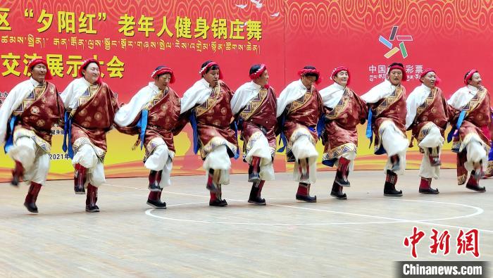 圖為西藏老年舞蹈隊(duì)齊跳傳統(tǒng)鍋莊舞。　貢桑拉姆 攝